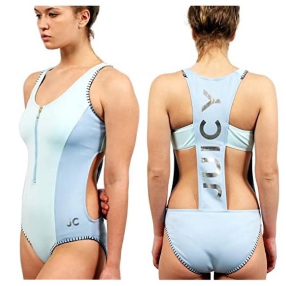 NWT JUICY COUTURE Light Blue LOGO  'Juicy' Zip-Front One-Piece Sporty Swimsuit - Picture 1 of 14